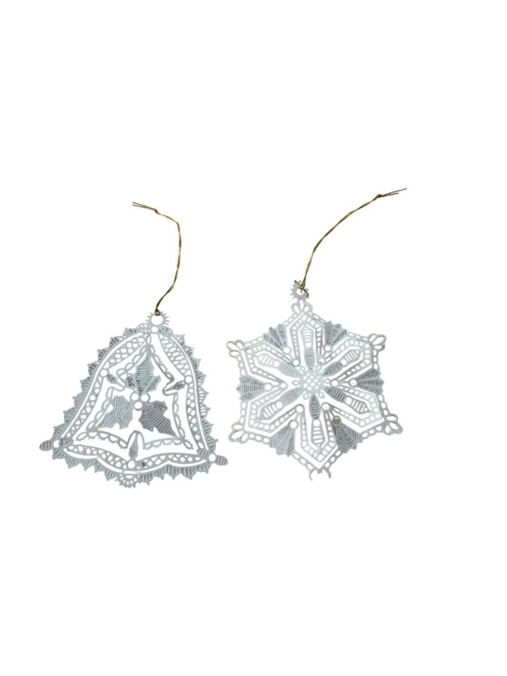 Vintage Taiwan Filigree Metal Christmas Ornaments Bell Snowflake Pair 3"